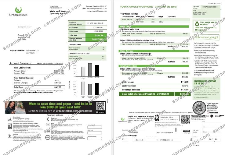 Australia Urban Utilities Word and Pdf business utility bill template 2 pages
